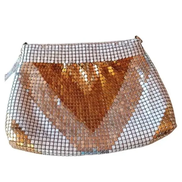 Vintage Elka Metallic Mesh Purse Gold Silver White Disco Clutch Bag 8x6 inches - Picture 2 of 8